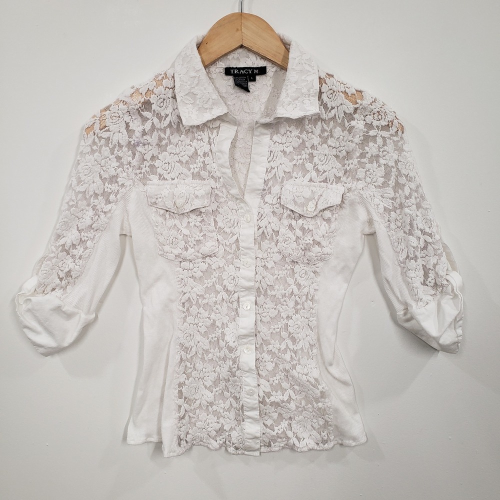 Y2K White‎ Floral Lace Button Up Shirt 3/4 Sleeve Blouse Large Coquette Romantic